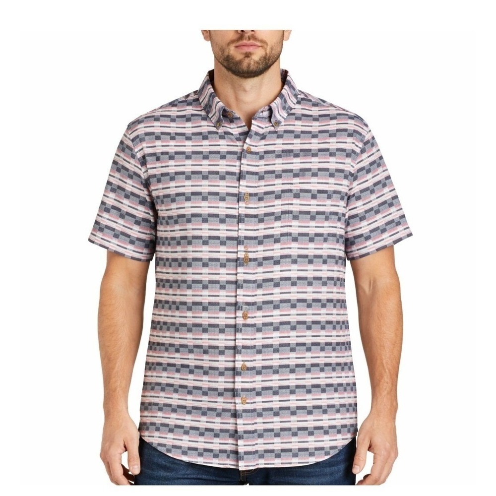 Ben Sherman Men Small Linen Cotton ShortSleeve ButtonDown Shirt Geometric Stripe